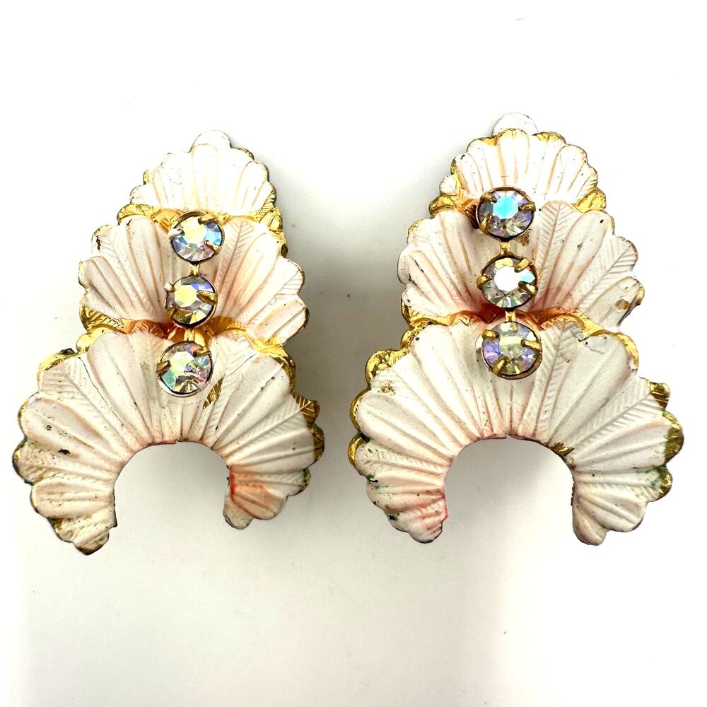 Austria vintage gold tone white pink enamel AB rhinestones clip on earrings